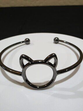 Purrfection Cat Kitty Cartoon Gunmetal Gray Black Open Heavy Metal Cuff Bracelet